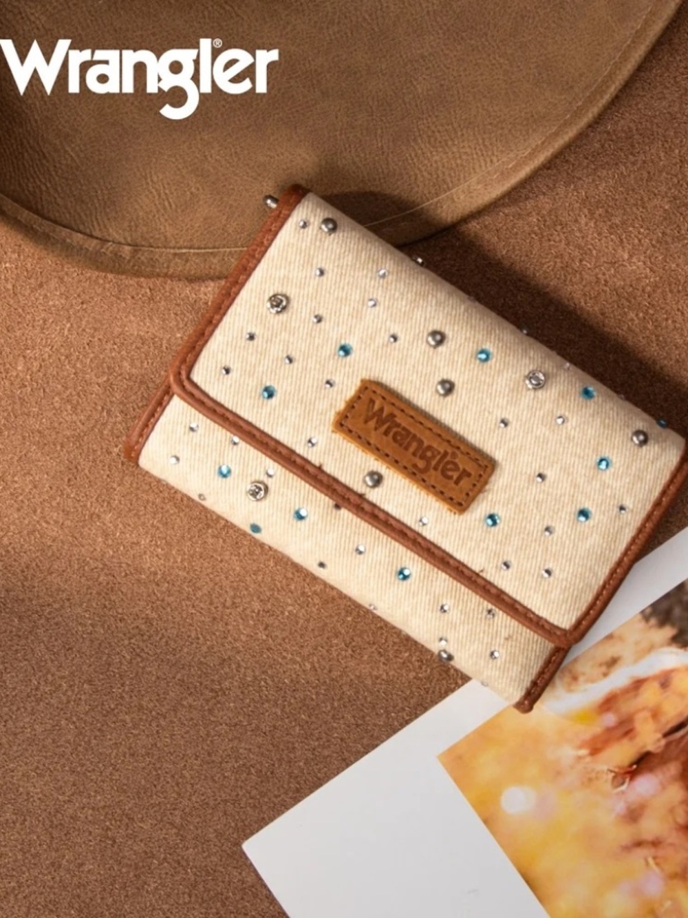 Wrangler Rhinestone Denim RFID Trifold Wallet Tan